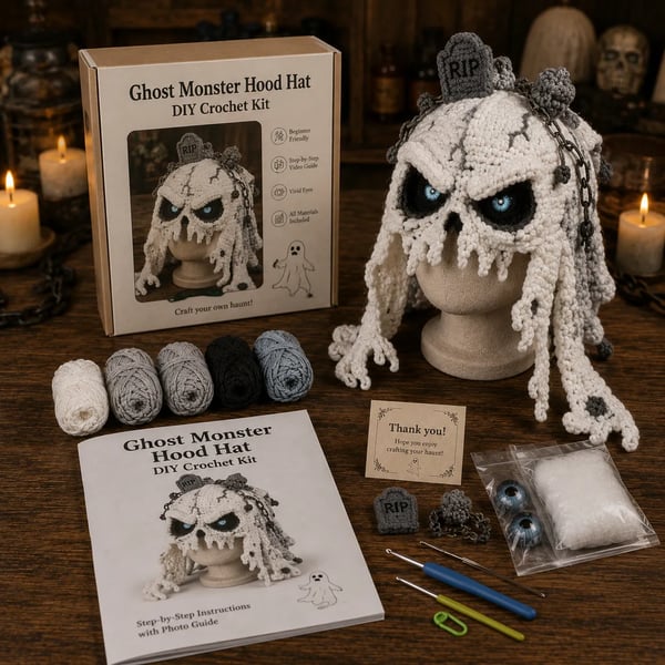 🔥 LAST DAY 70% OFF – 🎃 Halloween Monster Hood DIY Crochet Kit | Premium Soft Yarn Materials with Step-by-Step Guide DIY Handmade Wearable Character Hood 🧶🎭✨