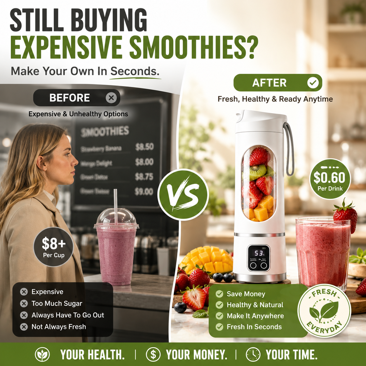 🔥Last Day 70% OFF——Portable USB Blender with LED Display - Perfect for Smoothies & Juices