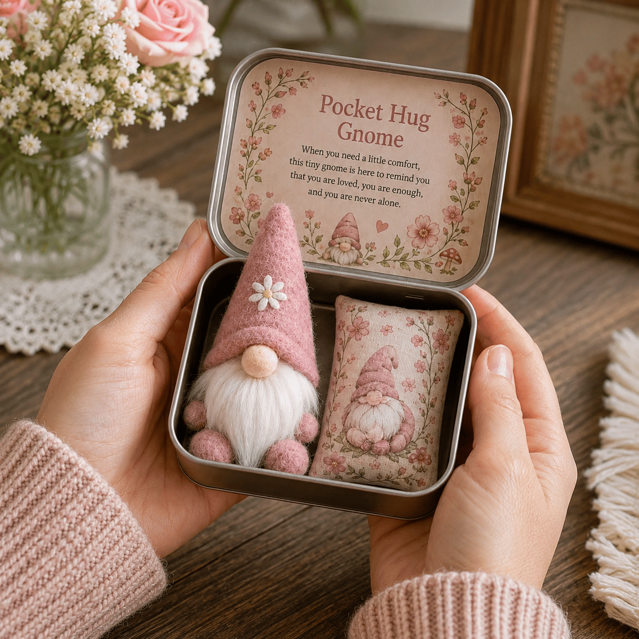 💌 Pocket Hug Gnome Comfort Gift Tin | Mini Plush Keepsake with Heartfelt Message, Matching Cushion & Protective Metal Case 🧸✨