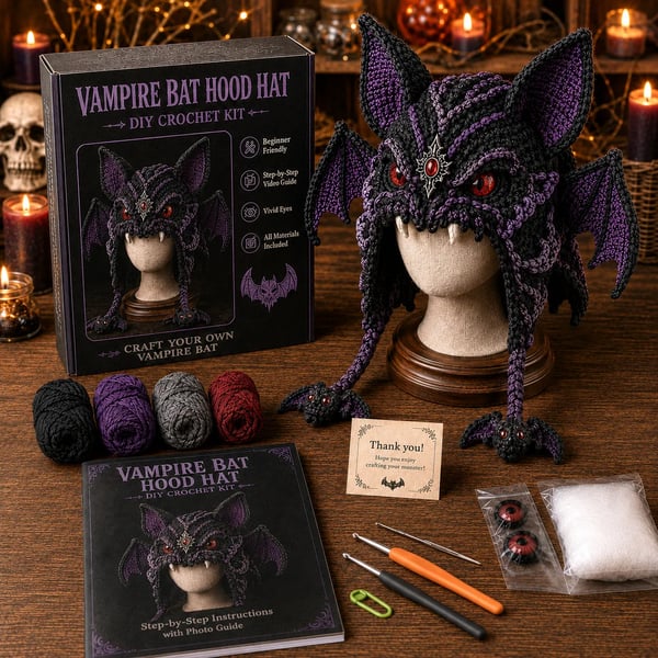🔥 LAST DAY 70% OFF – 🎃 Halloween Monster Hood DIY Crochet Kit | Premium Soft Yarn Materials with Step-by-Step Guide DIY Handmade Wearable Character Hood 🧶🎭✨