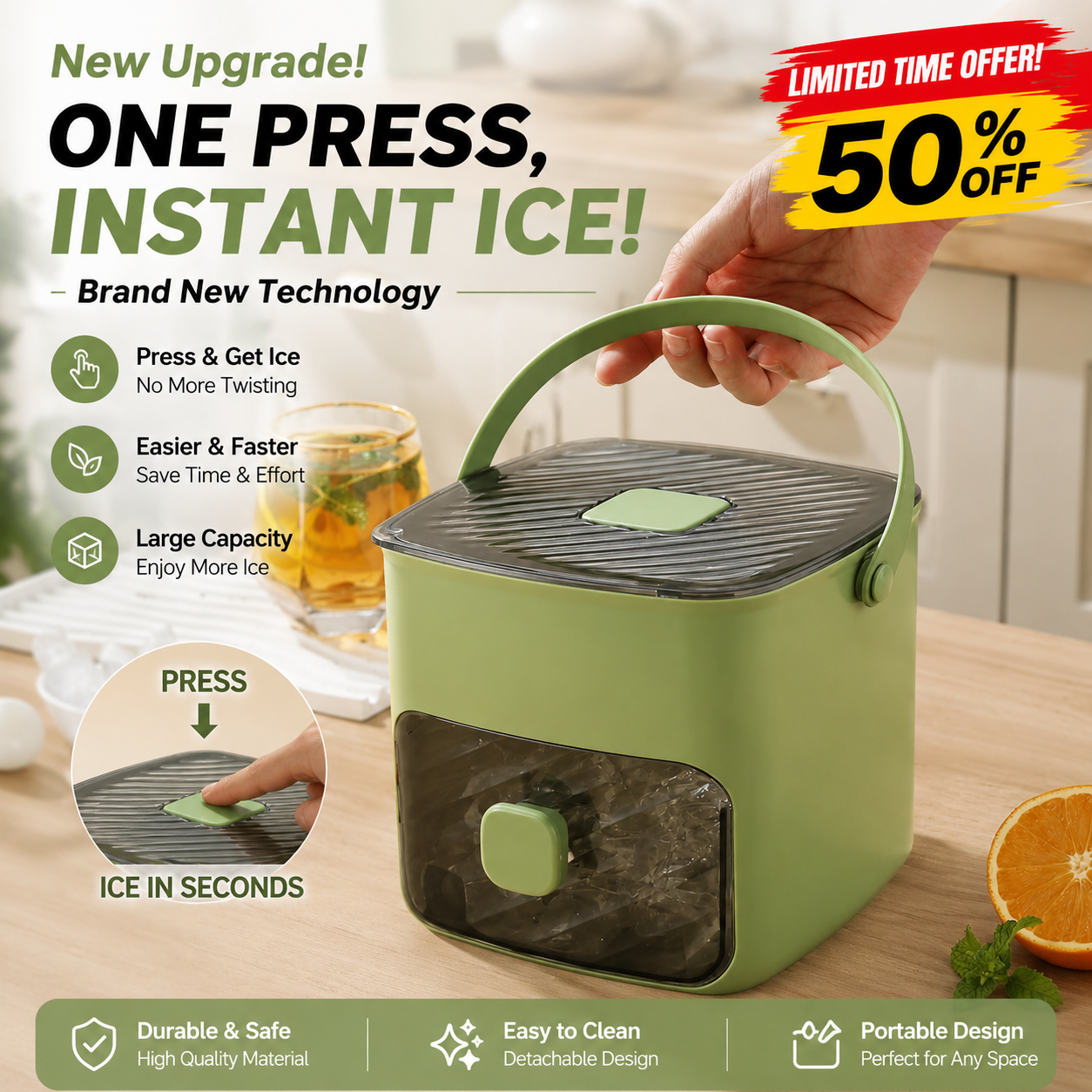 🔥 TODAY ONLY – 50% OFF LIMITED rand New Upgraded Ice Cube Tray Press Once, Get Ice Instantly No Scooping.