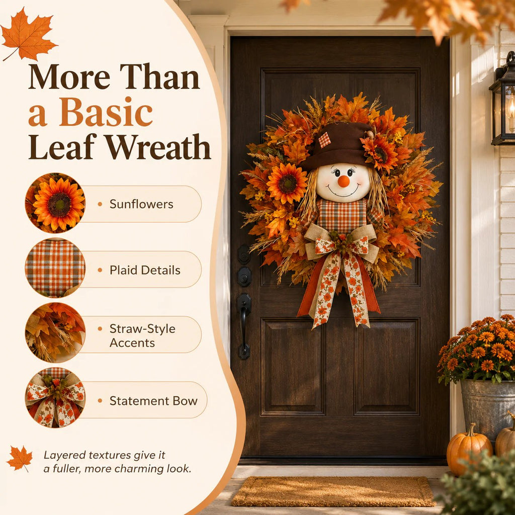 🎁LAST DAY — LIMITED TIME 70% OFF！——🍂🌻Lighted Scarecrow Fall Wreath for Front Door