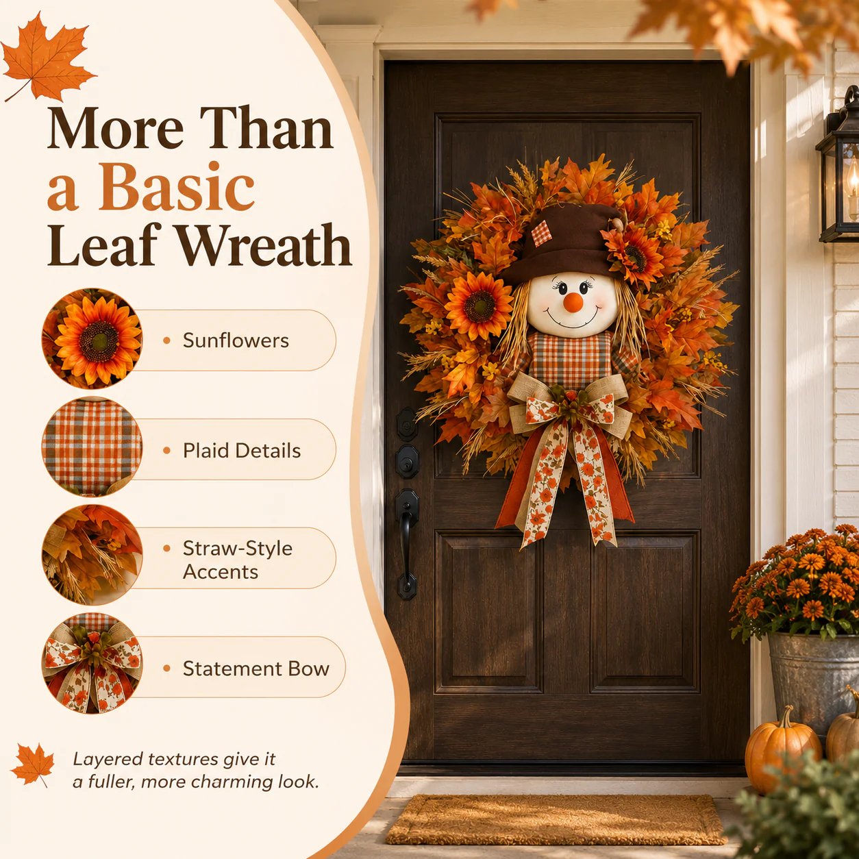 🎁LAST DAY — LIMITED TIME 70% OFF！——🍂🌻Lighted Scarecrow Fall Wreath for Front Door