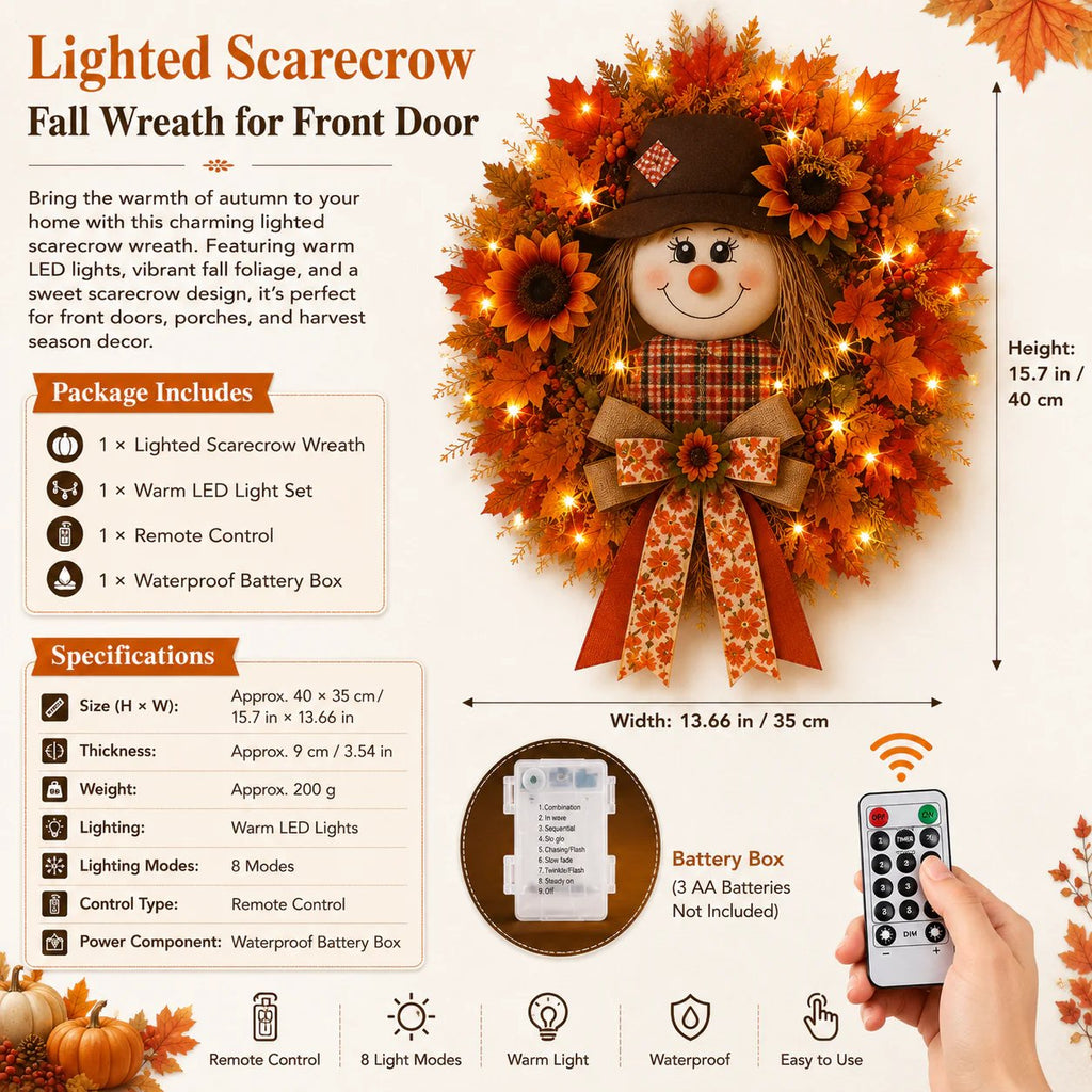 🎁LAST DAY — LIMITED TIME 70% OFF！——🍂🌻Lighted Scarecrow Fall Wreath for Front Door