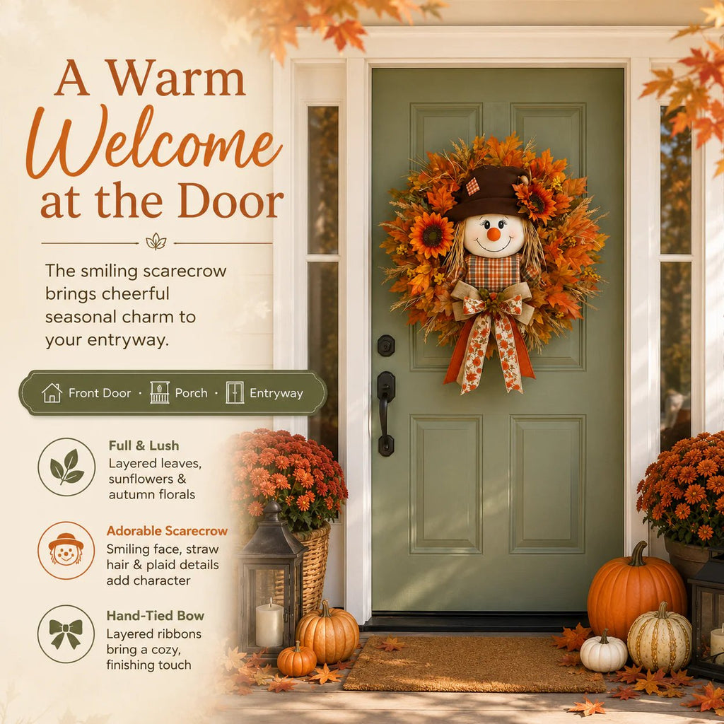 🎁LAST DAY — LIMITED TIME 70% OFF！——🍂🌻Lighted Scarecrow Fall Wreath for Front Door
