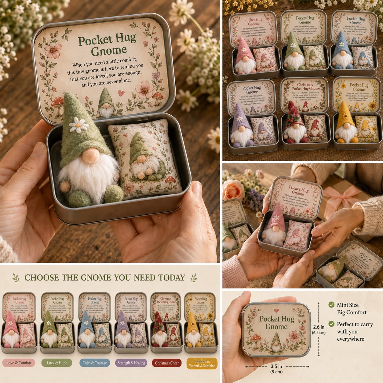 💌 Pocket Hug Gnome Comfort Gift Tin | Mini Plush Keepsake with Heartfelt Message, Matching Cushion & Protective Metal Case 🧸✨