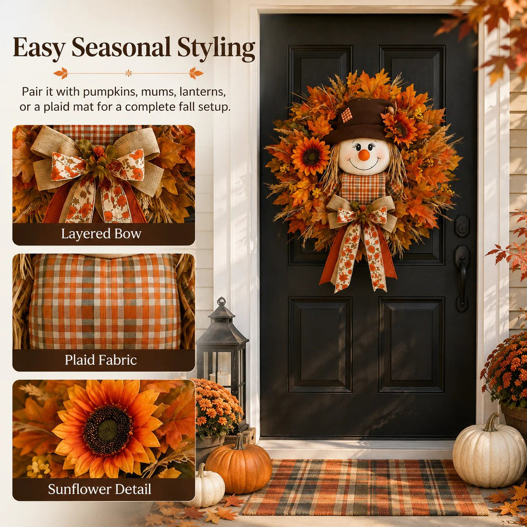 🎁LAST DAY — LIMITED TIME 70% OFF！——🍂🌻Lighted Scarecrow Fall Wreath for Front Door