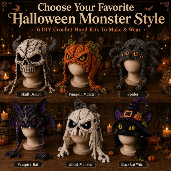 🔥 LAST DAY 70% OFF – 🎃 Halloween Monster Hood DIY Crochet Kit | Premium Soft Yarn Materials with Step-by-Step Guide DIY Handmade Wearable Character Hood 🧶🎭✨