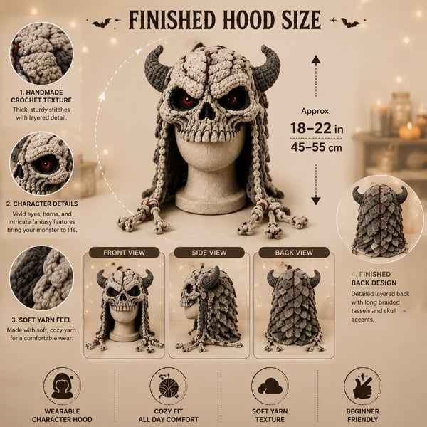 🔥 LAST DAY 70% OFF – 🎃 Halloween Monster Hood DIY Crochet Kit | Premium Soft Yarn Materials with Step-by-Step Guide DIY Handmade Wearable Character Hood 🧶🎭✨