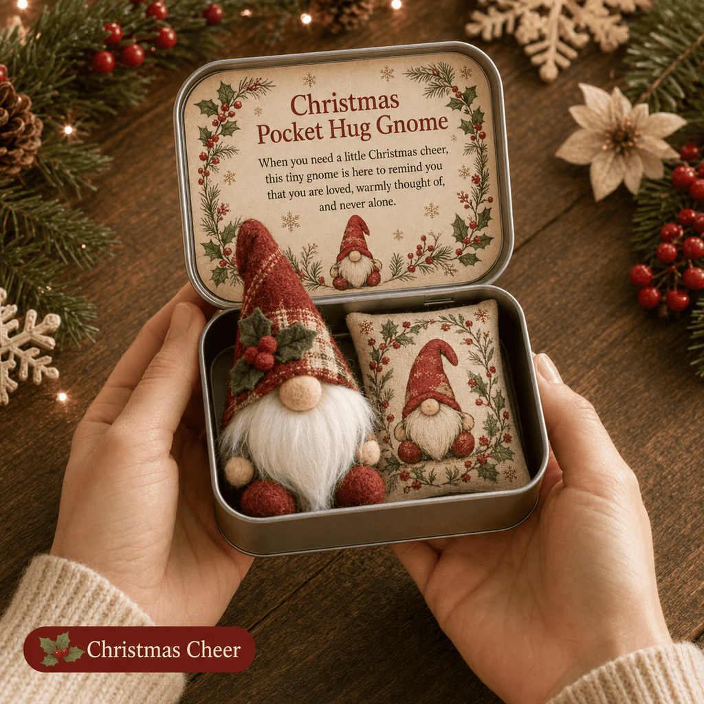 💌 Pocket Hug Gnome Comfort Gift Tin | Mini Plush Keepsake with Heartfelt Message, Matching Cushion & Protective Metal Case 🧸✨