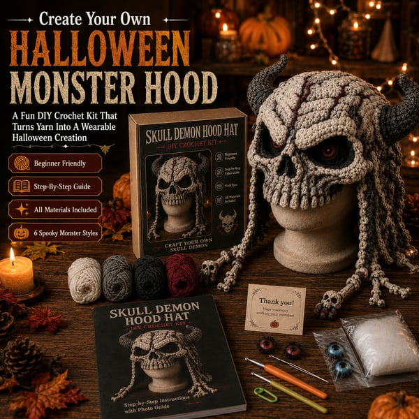 🔥 LAST DAY 70% OFF – 🎃 Halloween Monster Hood DIY Crochet Kit | Premium Soft Yarn Materials with Step-by-Step Guide DIY Handmade Wearable Character Hood 🧶🎭✨