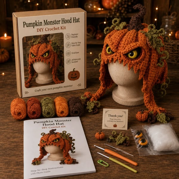 🔥 LAST DAY 70% OFF – 🎃 Halloween Monster Hood DIY Crochet Kit | Premium Soft Yarn Materials with Step-by-Step Guide DIY Handmade Wearable Character Hood 🧶🎭✨