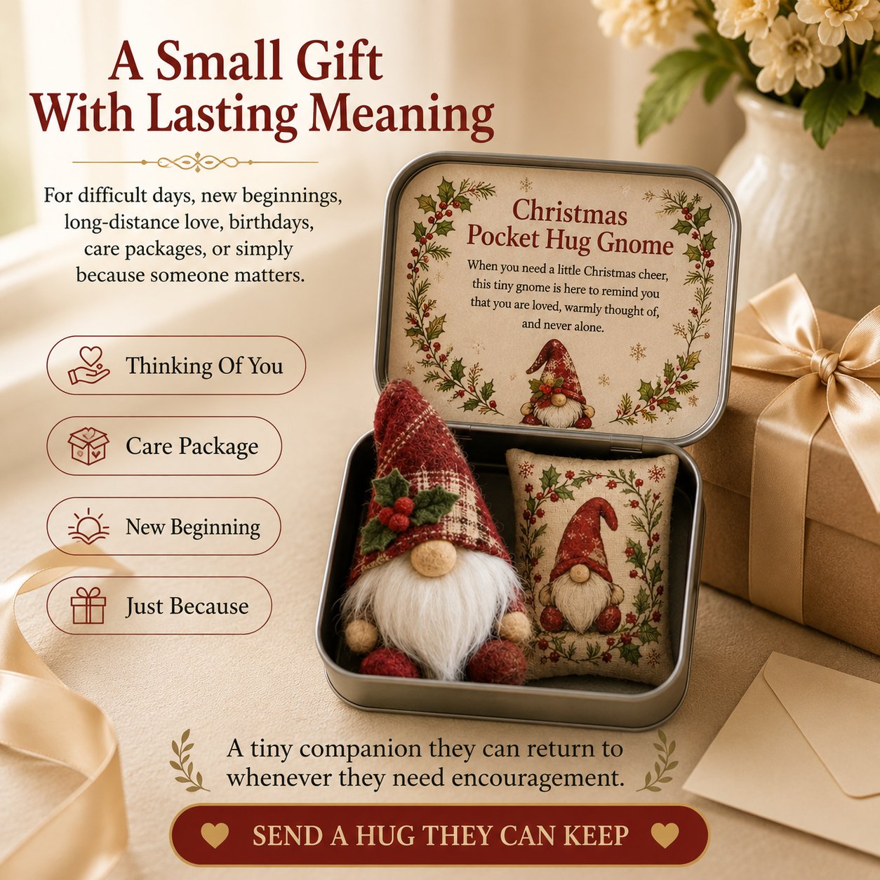 💌 Pocket Hug Gnome Comfort Gift Tin | Mini Plush Keepsake with Heartfelt Message, Matching Cushion & Protective Metal Case 🧸✨