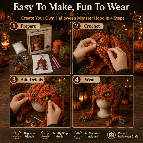 🔥 LAST DAY 70% OFF – 🎃 Halloween Monster Hood DIY Crochet Kit | Premium Soft Yarn Materials with Step-by-Step Guide DIY Handmade Wearable Character Hood 🧶🎭✨