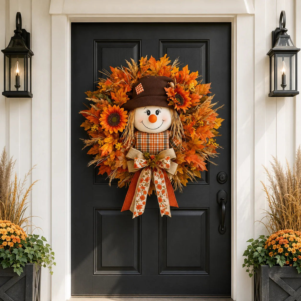 🎁LAST DAY — LIMITED TIME 70% OFF！——🍂🌻Lighted Scarecrow Fall Wreath for Front Door