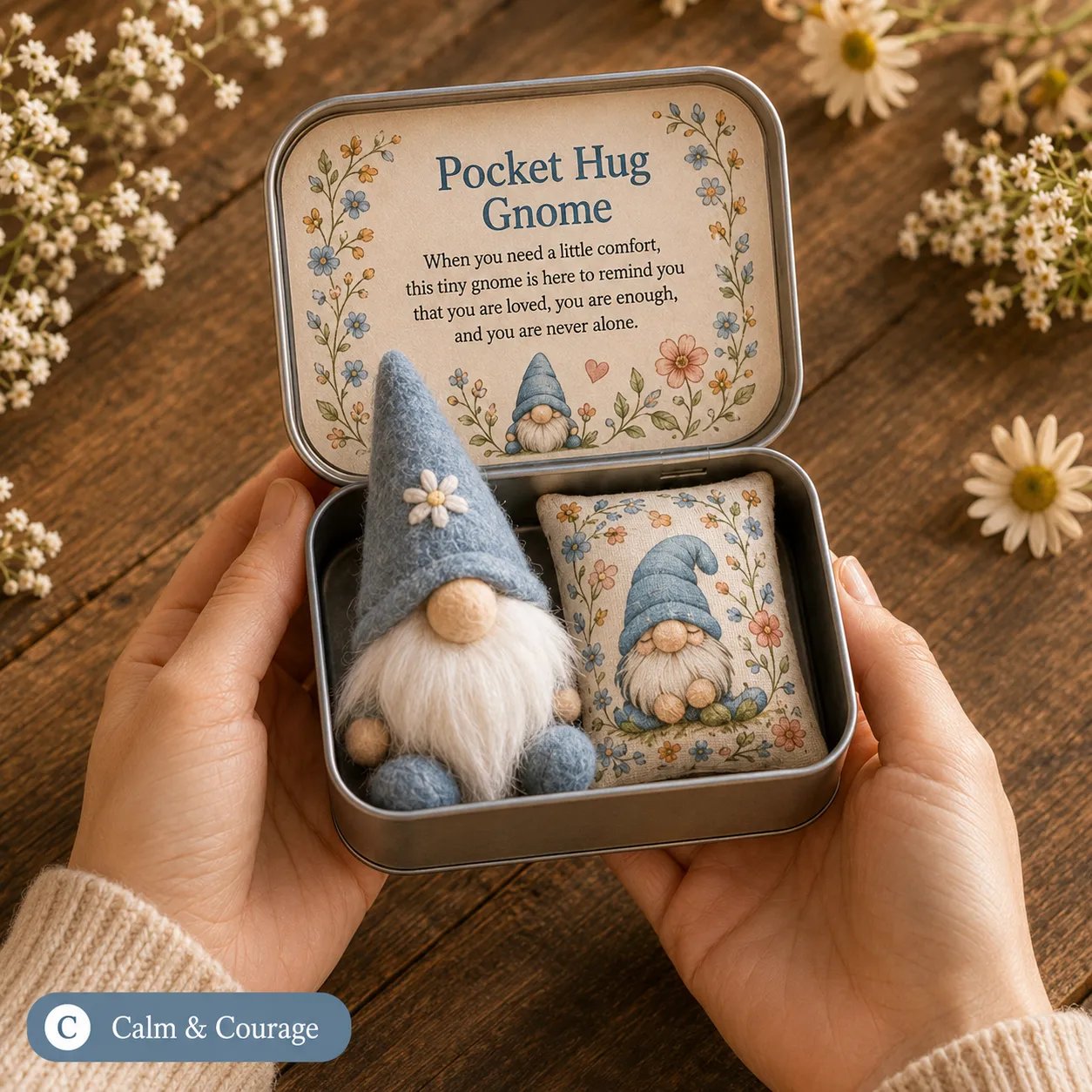 💌 Pocket Hug Gnome Comfort Gift Tin | Mini Plush Keepsake with Heartfelt Message, Matching Cushion & Protective Metal Case 🧸✨