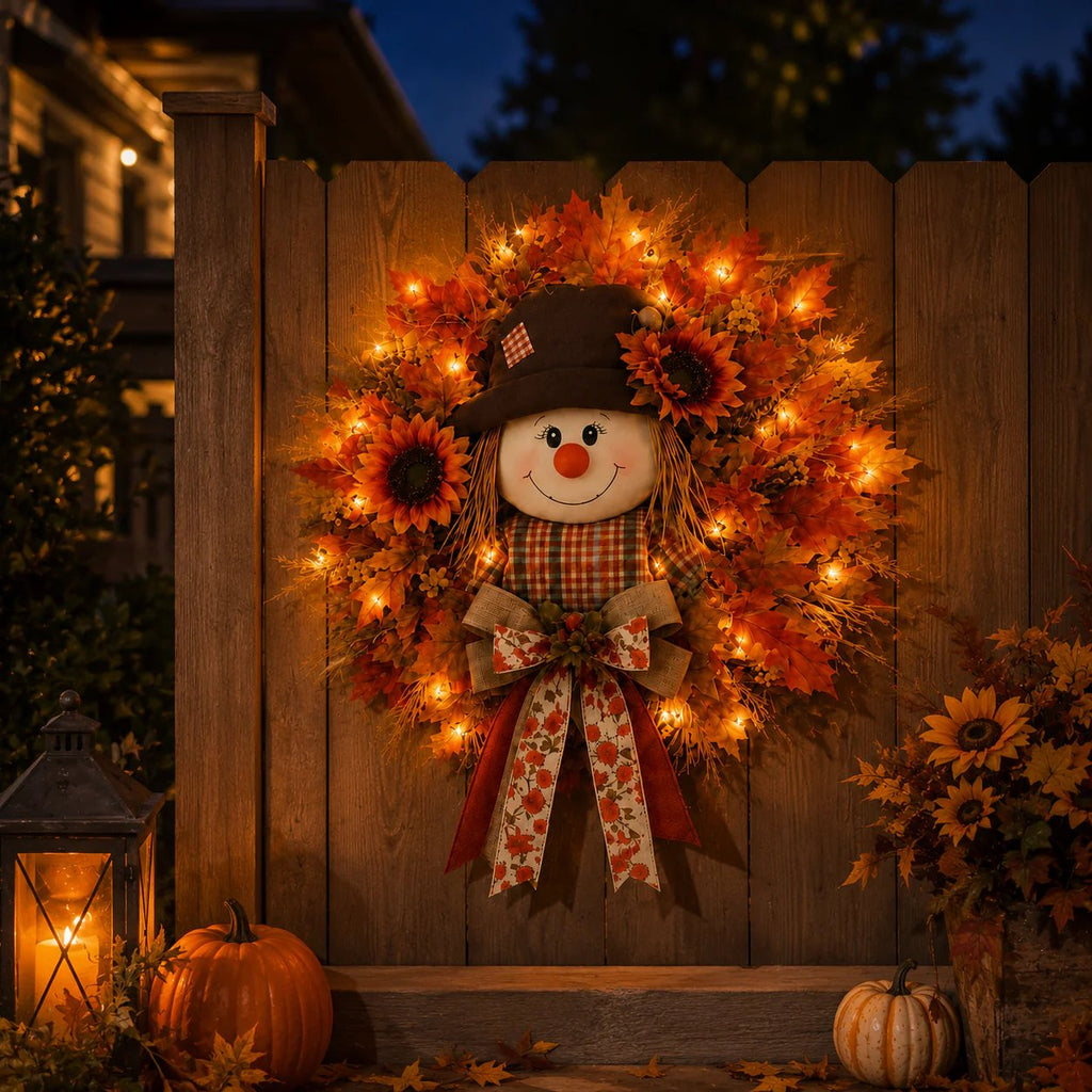 🎁LAST DAY — LIMITED TIME 70% OFF！——🍂🌻Lighted Scarecrow Fall Wreath for Front Door