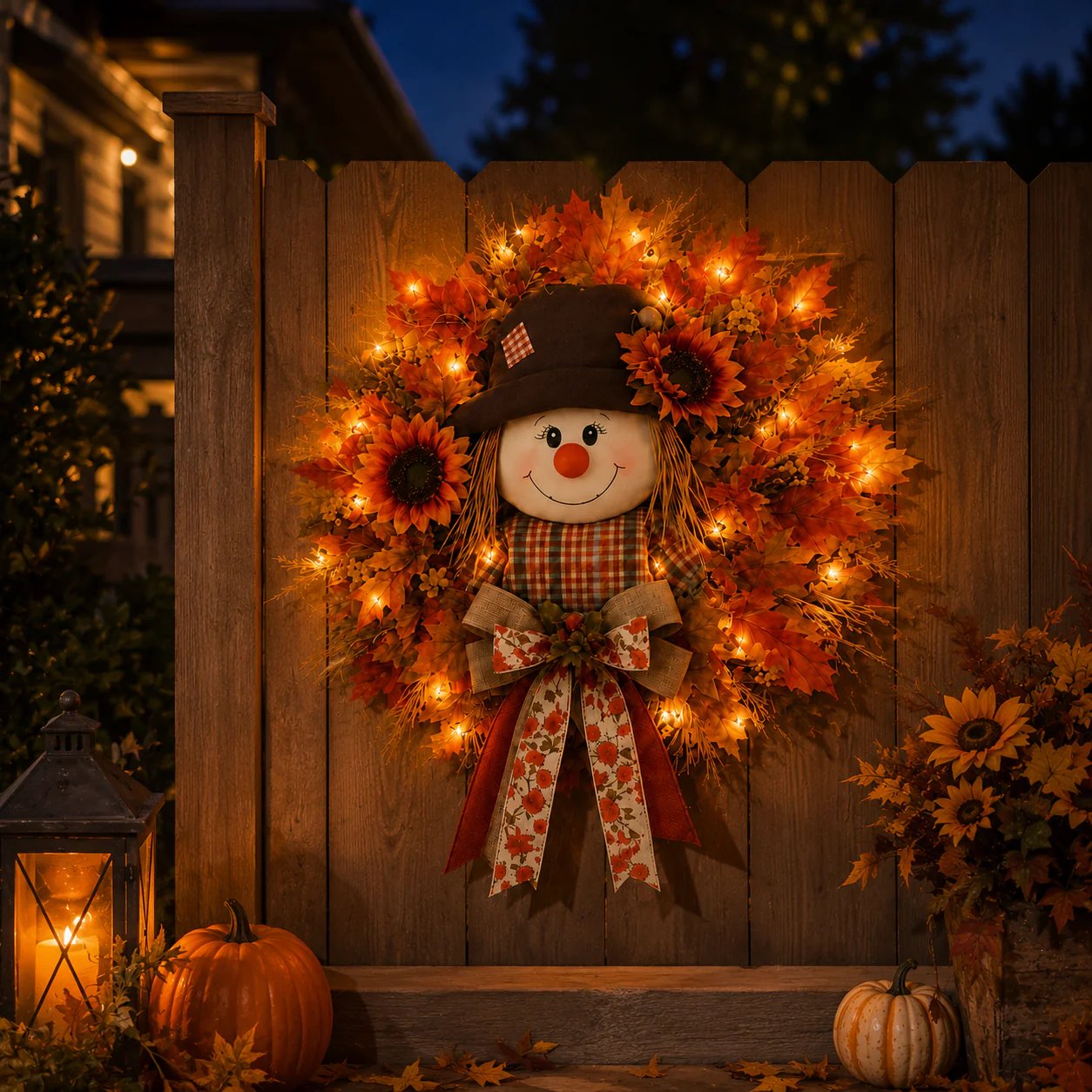 🎁LAST DAY — LIMITED TIME 70% OFF！——🍂🌻Lighted Scarecrow Fall Wreath for Front Door