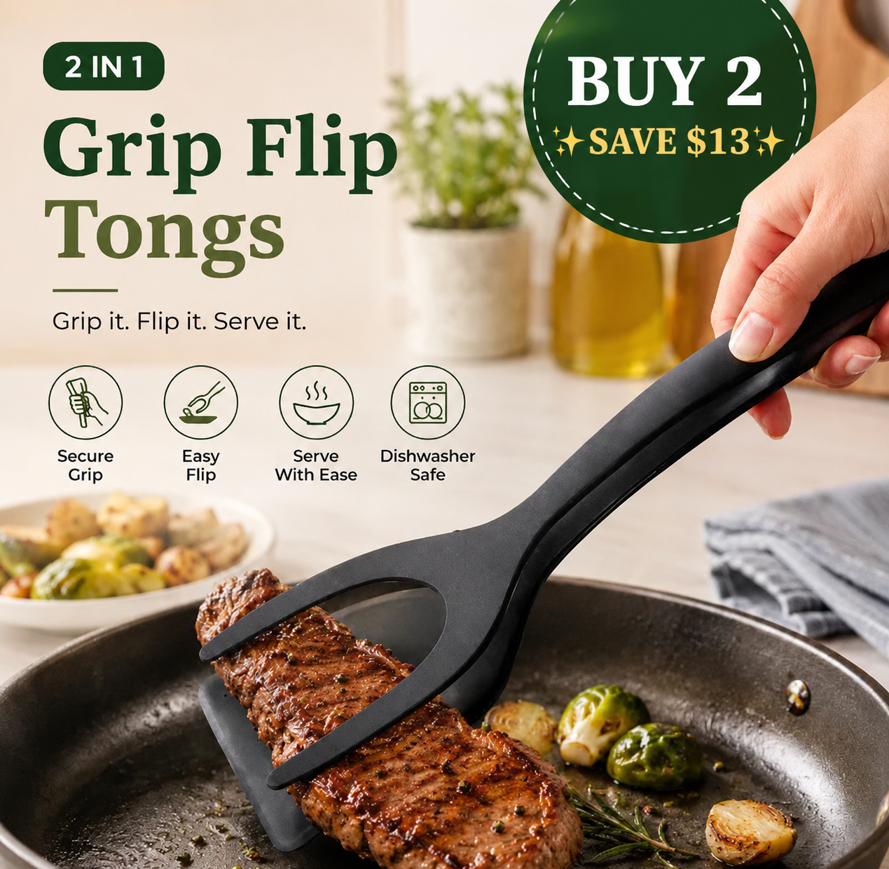 🔥LIMITED-TIME OFFER 50% Off🎁 2-in-1 Grip & Flip Kitchen Tongs