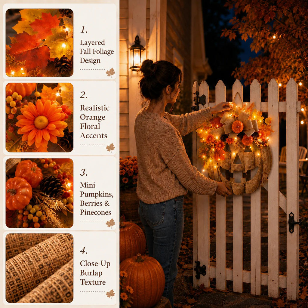 🔥Halloween Early Bird Special: Enjoy 70% OFF——🎃Lighted Burlap Pumpkin Wreath