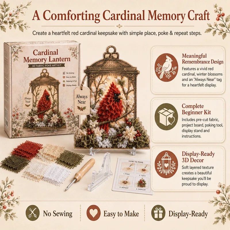 🕊️ Always Near 3D Fabric Poke Art Memory Lantern Kit | No-Sew Bird Keepsake Craft with Pre-Punched Board, Display Stand & Keepsake Tag ✨