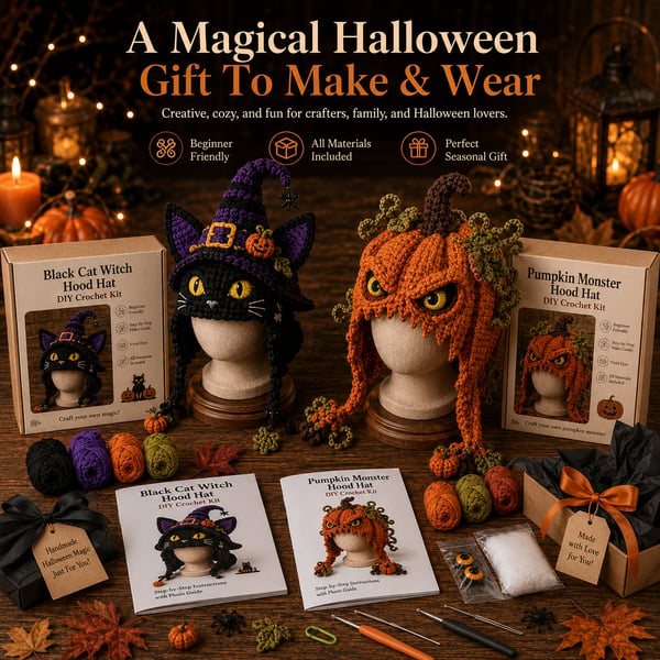 🔥 LAST DAY 70% OFF – 🎃 Halloween Monster Hood DIY Crochet Kit | Premium Soft Yarn Materials with Step-by-Step Guide DIY Handmade Wearable Character Hood 🧶🎭✨