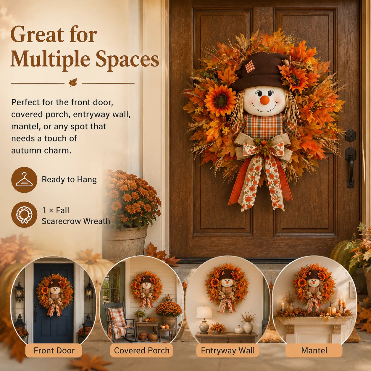 🎁LAST DAY — LIMITED TIME 70% OFF！——🍂🌻Lighted Scarecrow Fall Wreath for Front Door