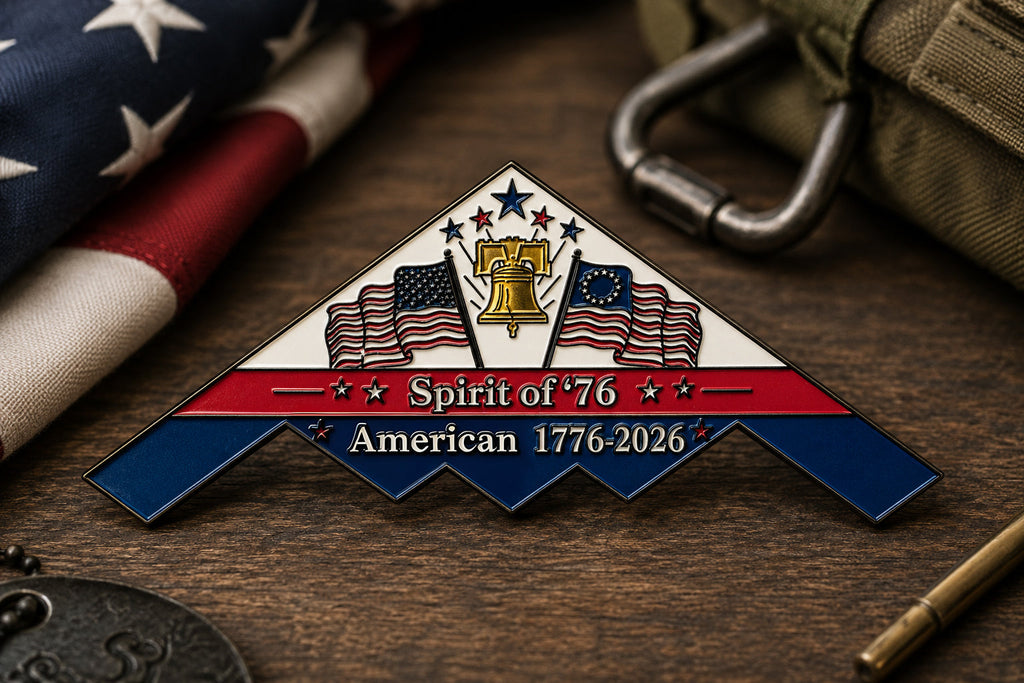 Spirit of ’76 B-2 Stealth Bomber Challenge Coin – 250th Anniversary Patriotic Collectible