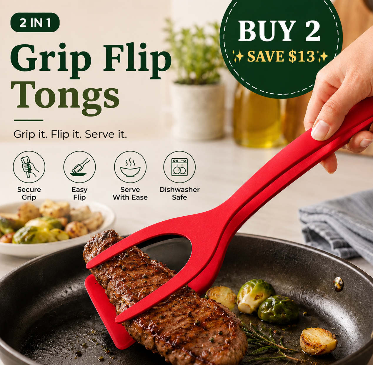 🔥LIMITED-TIME OFFER 50% Off🎁 2-in-1 Grip & Flip Kitchen Tongs