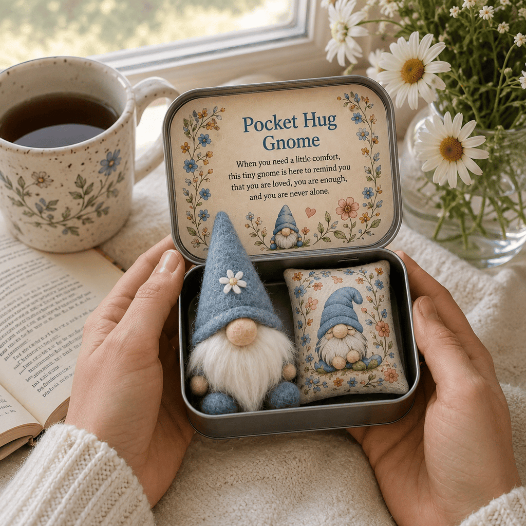 💌 Pocket Hug Gnome Comfort Gift Tin | Mini Plush Keepsake with Heartfelt Message, Matching Cushion & Protective Metal Case 🧸✨