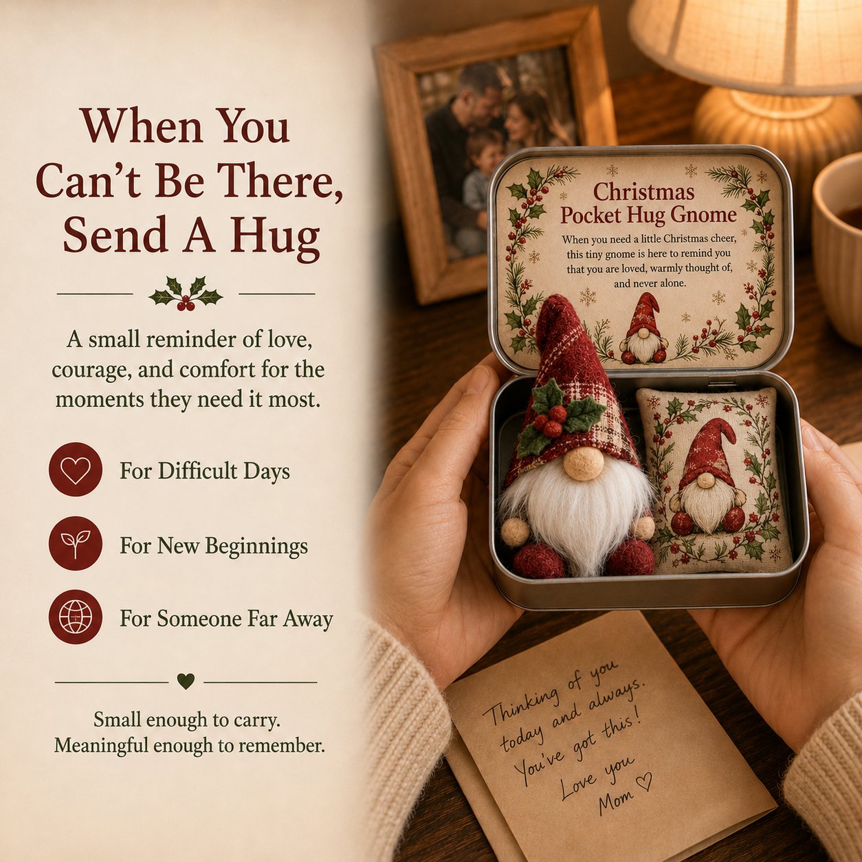 💌 Pocket Hug Gnome Comfort Gift Tin | Mini Plush Keepsake with Heartfelt Message, Matching Cushion & Protective Metal Case 🧸✨