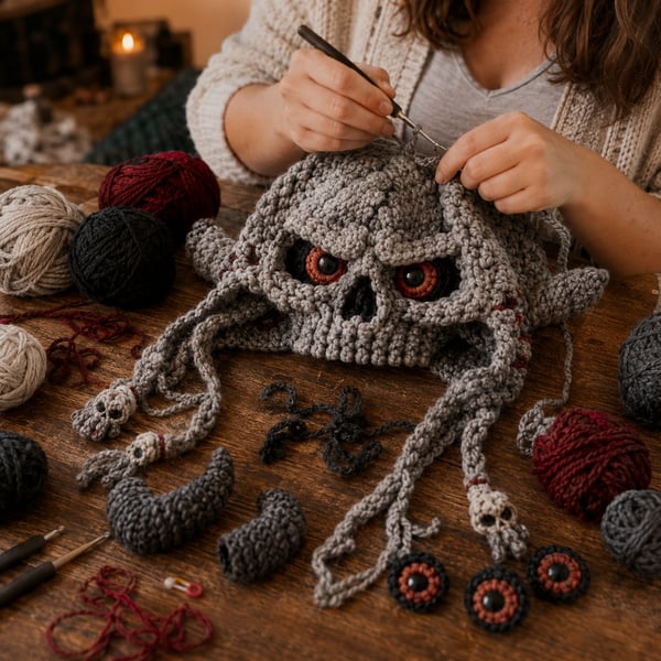 🔥 LAST DAY 70% OFF – 🎃 Halloween Monster Hood DIY Crochet Kit | Premium Soft Yarn Materials with Step-by-Step Guide DIY Handmade Wearable Character Hood 🧶🎭✨