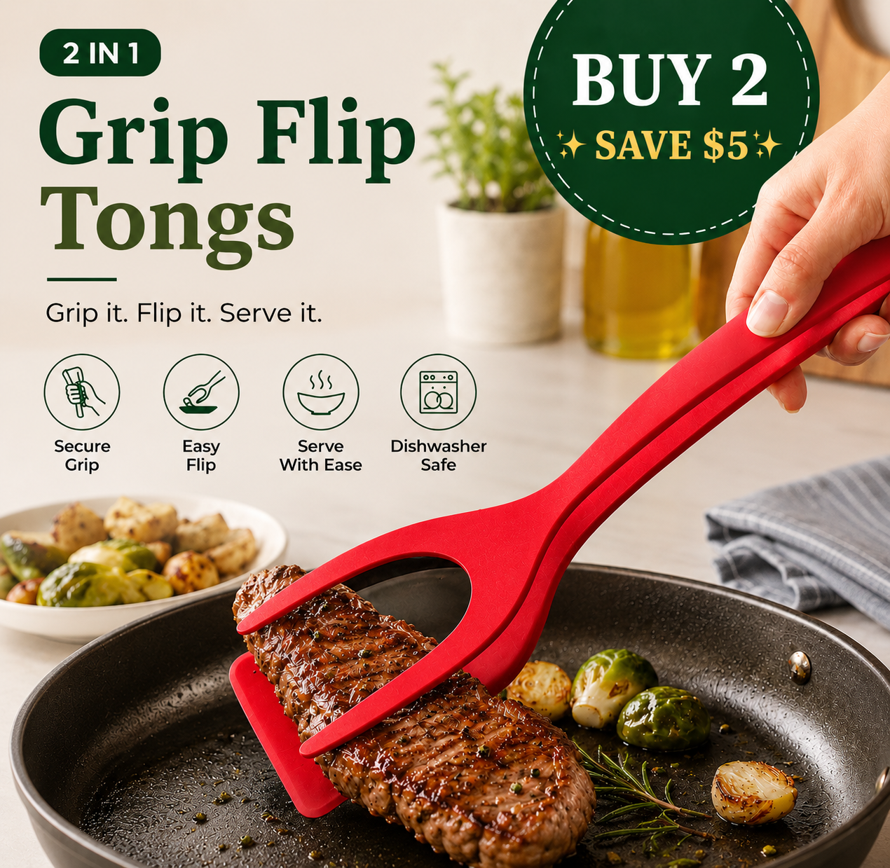 🔥LIMITED-TIME OFFER 50% Off🎁 2-in-1 Grip & Flip Kitchen Tongs