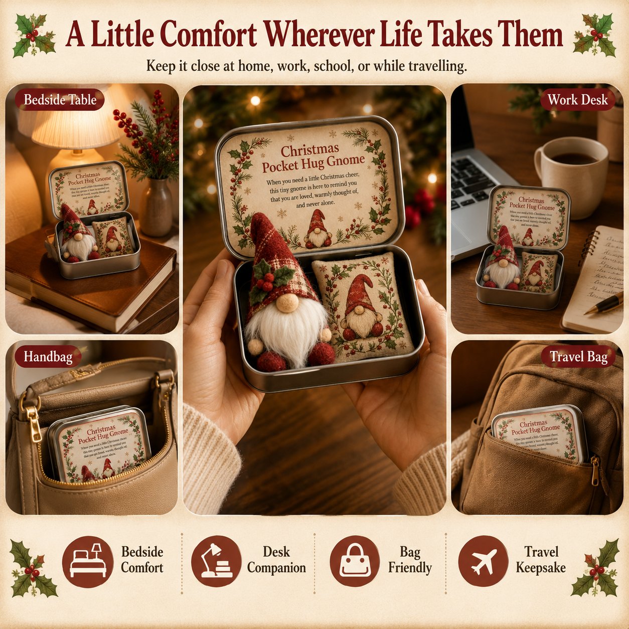 💌 Pocket Hug Gnome Comfort Gift Tin | Mini Plush Keepsake with Heartfelt Message, Matching Cushion & Protective Metal Case 🧸✨