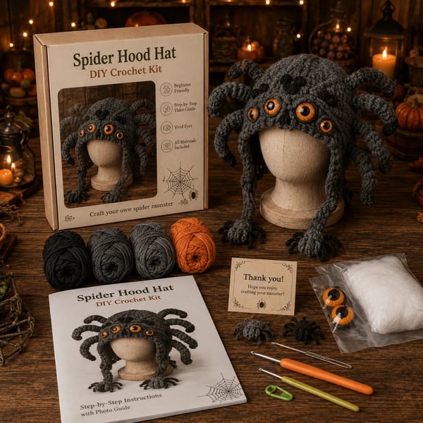🔥 LAST DAY 70% OFF – 🎃 Halloween Monster Hood DIY Crochet Kit | Premium Soft Yarn Materials with Step-by-Step Guide DIY Handmade Wearable Character Hood 🧶🎭✨