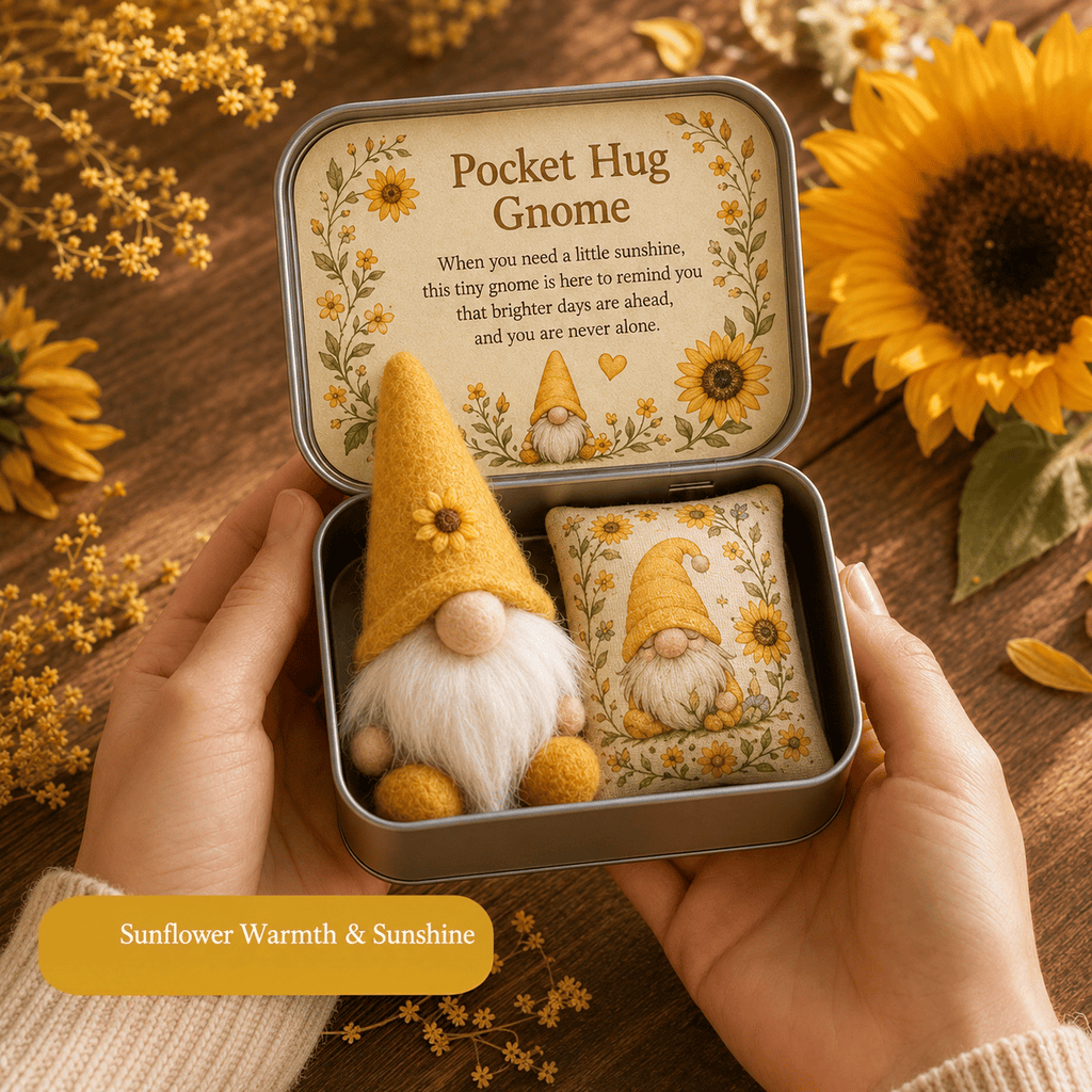 💌 Pocket Hug Gnome Comfort Gift Tin | Mini Plush Keepsake with Heartfelt Message, Matching Cushion & Protective Metal Case 🧸✨
