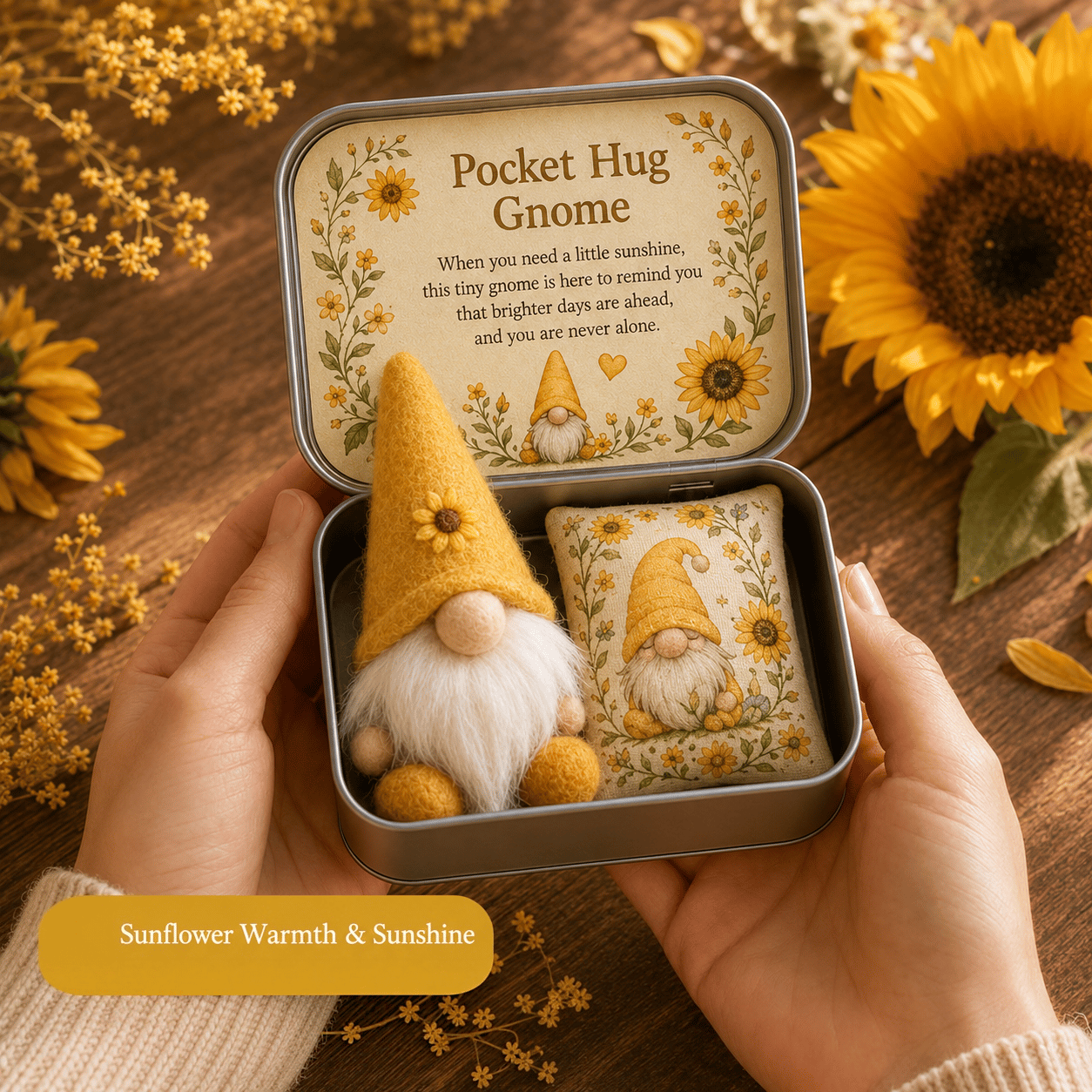 💌 Pocket Hug Gnome Comfort Gift Tin | Mini Plush Keepsake with Heartfelt Message, Matching Cushion & Protective Metal Case 🧸✨