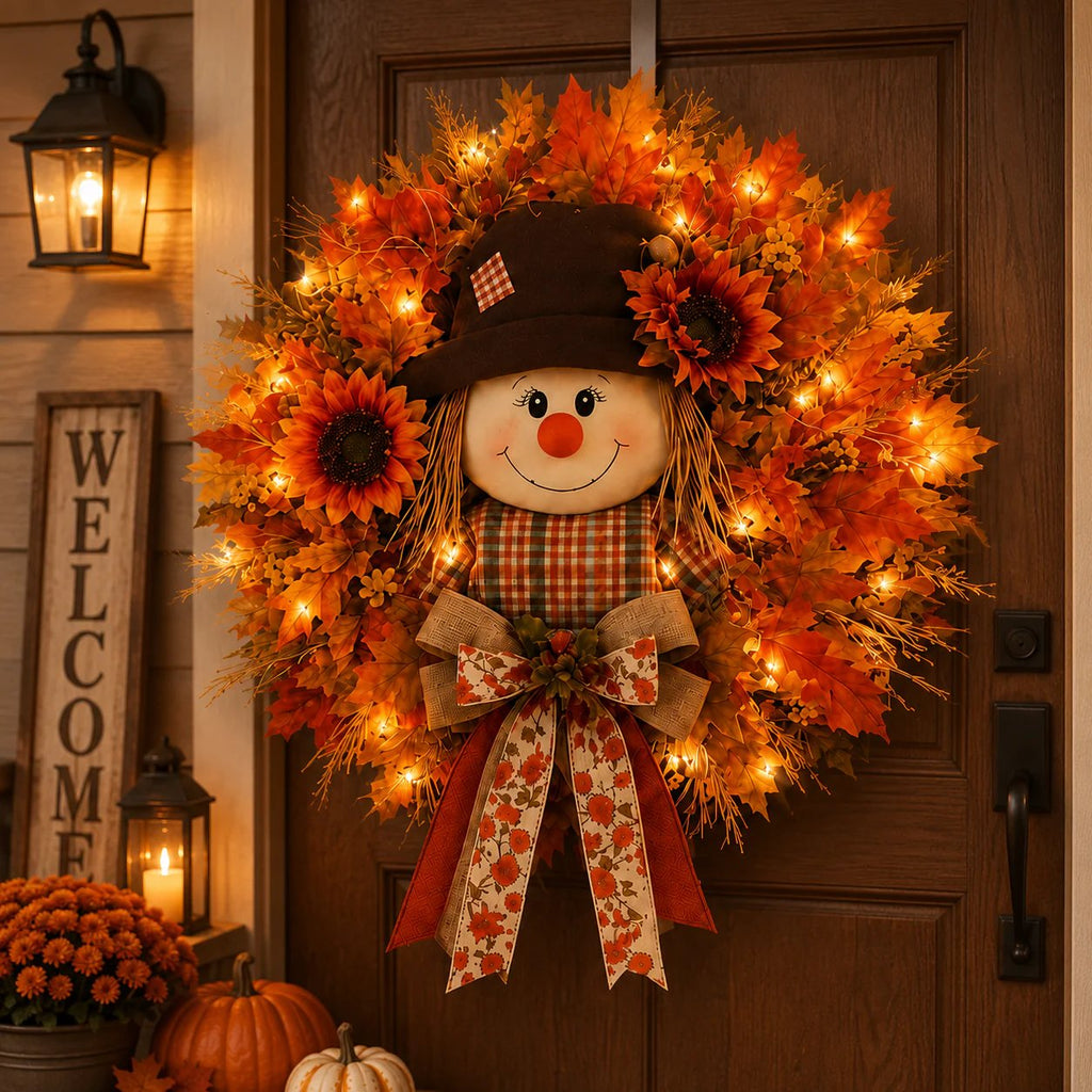 🎁LAST DAY — LIMITED TIME 70% OFF！——🍂🌻Lighted Scarecrow Fall Wreath for Front Door