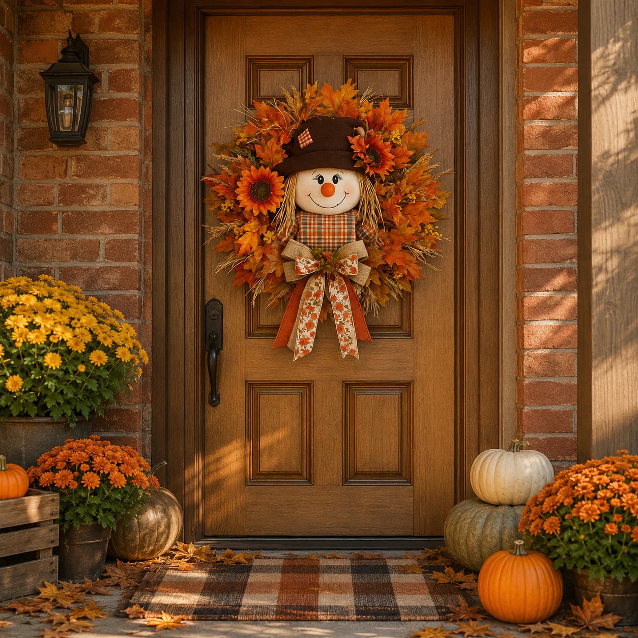 🎁LAST DAY — LIMITED TIME 70% OFF！——🍂🌻Lighted Scarecrow Fall Wreath for Front Door